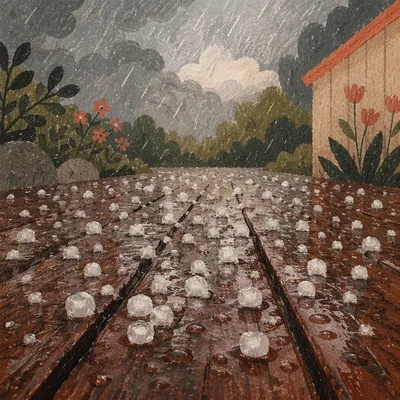 Hailstones on Wet Wooden Planks