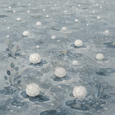 Hailstones on Frozen Winter Surface