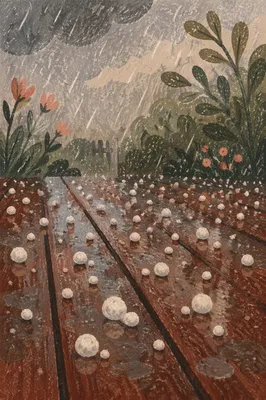 Hailstones on Rain-Soaked Wooden Planks