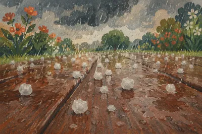 Hailstones on Rain-Soaked Wooden Planks