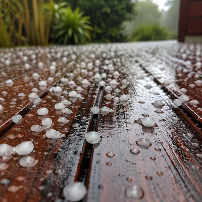 Hailstones on Rain-Soaked Wooden Planks
