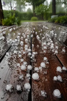 Fresh Hailstones on Rain-Soaked Wooden Planks