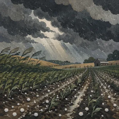 Hailstorm Over Rural Farmland Dark Clouds