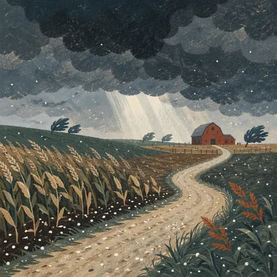 Hailstorm Over Rural Farmland Dark Clouds