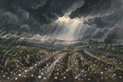 Hailstorm Over Dark Rural Farmland