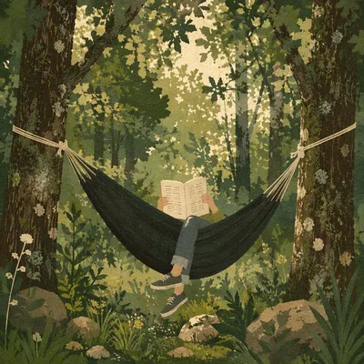 Peaceful Forest Hammock Reading Scene
