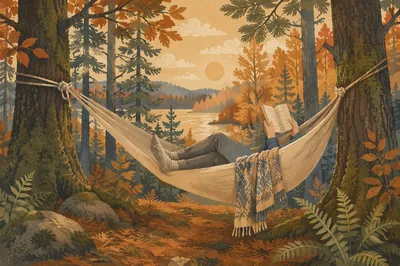 Peaceful Forest Hammock Reading in Autumn