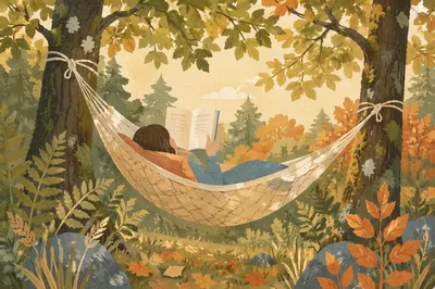 Peaceful Forest Hammock Reading Scene