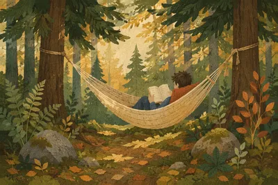 Peaceful Forest Hammock Reading Scene