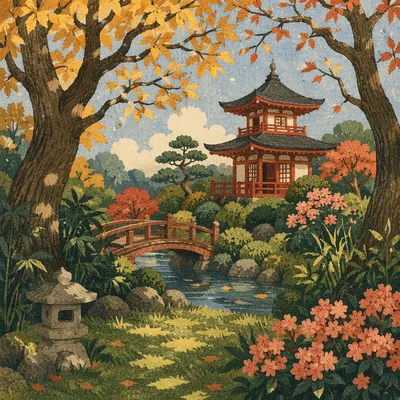 Serene Japanese Garden Pond Bridge in Autumn