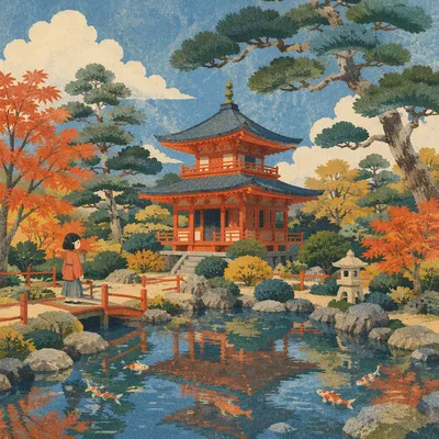 Serene Japanese Garden Pond in Autumn