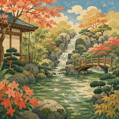 Autumn Japanese Garden Pond and Bridge