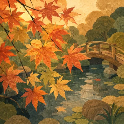 Autumn Japanese Maple Over Garden Pond Bridge