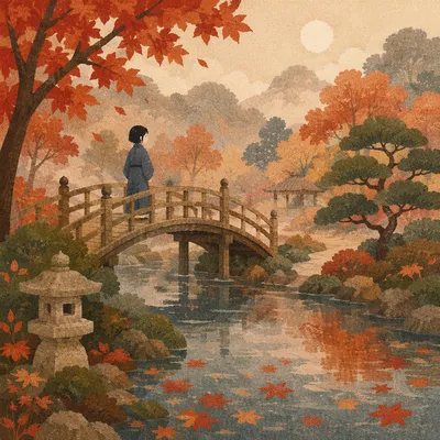 Autumn Japanese Garden Pond Bridge Scene