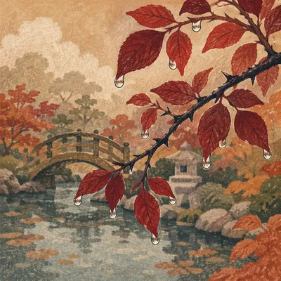 Crimson Autumn Branch by Japanese Garden Pond