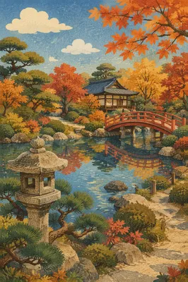 Autumn Japanese Garden Pond and Red Bridge