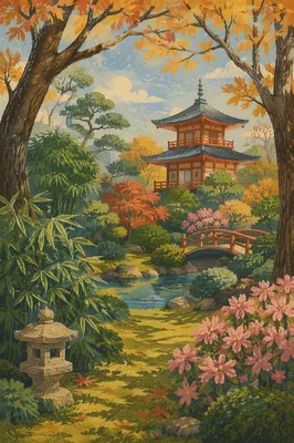Autumn Japanese Garden Pond Bridge