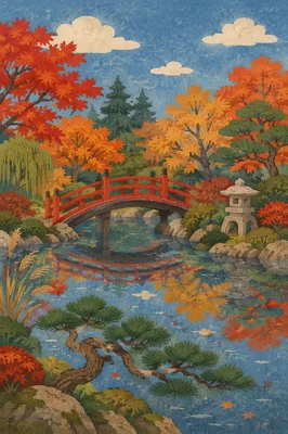 Autumn Japanese Garden Pond with Red Bridge