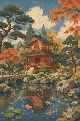 Serene Japanese Garden Pond in Autumn
