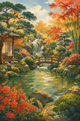 Autumn Japanese Garden Pond and Wooden Bridge