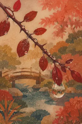 Rain Droplet Reflection in Autumn Japanese Garden