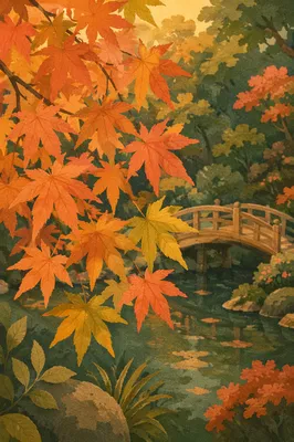 Autumn Japanese Maple by Garden Pond Bridge