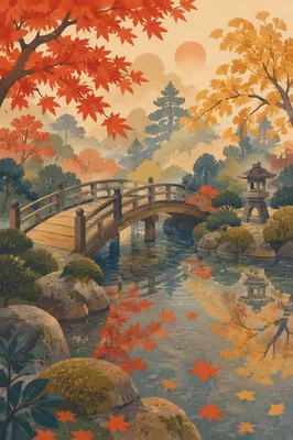Autumn Japanese Garden Pond Bridge Reflection