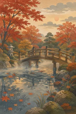 Serene Japanese Garden Pond in Autumn