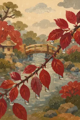 Crimson Autumn Branch by Japanese Garden Pond