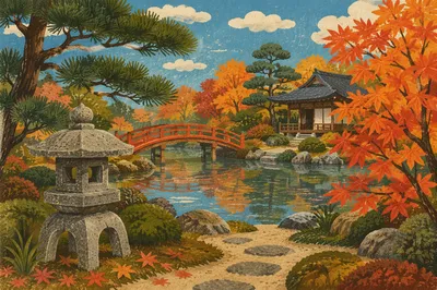 Autumn Japanese Garden Pond with Red Bridge