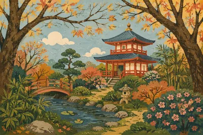 Autumn Japanese Garden Pond and Bridge