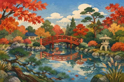 Autumn Japanese Garden Pond Bridge