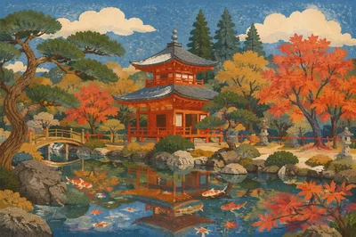 Autumn Japanese Garden Pond and Pavilion