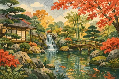 Autumn Japanese Garden Pond and Bridge