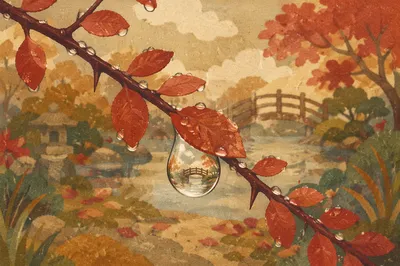 Rain Droplet on Autumn Japanese Garden Branch
