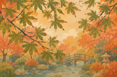 Japanese Maple Leaves Over Autumn Garden Pond