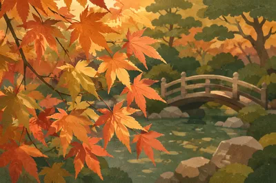 Autumn Japanese Maple Pond Bridge