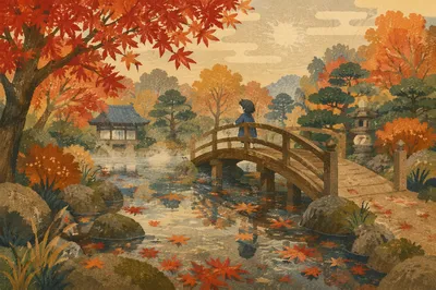 Autumn Japanese Garden Pond with Arched Bridge