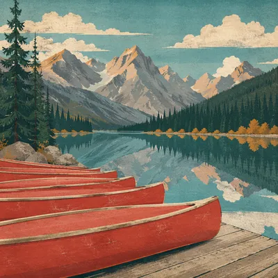Peaceful Mountain Lake Canoes at Sunrise