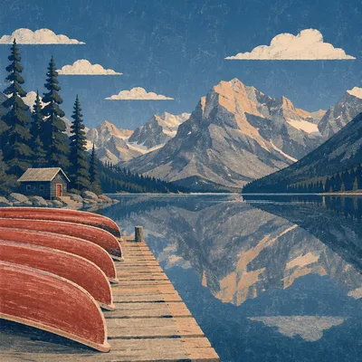 Peaceful Alpine Lake Canoes at Sunrise
