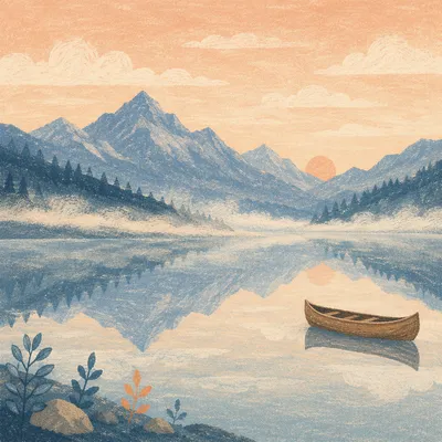Peaceful Dawn Canoe on Alpine Lake