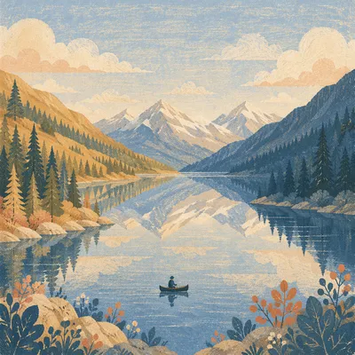 Peaceful Morning Canoe on Alpine Lake