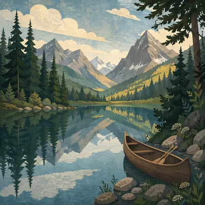 Peaceful Morning Canoe on Alpine Lake