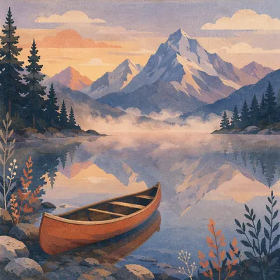 Peaceful Canoe on Alpine Lake at Dawn