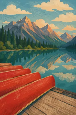 Peaceful Mountain Lake Canoes at Sunrise