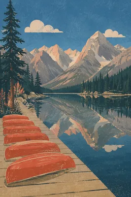 Peaceful Alpine Lake with Red Canoes