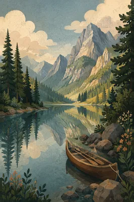 Peaceful Morning Canoe on Alpine Lake