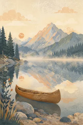 Peaceful Canoe Reflection on Alpine Lake