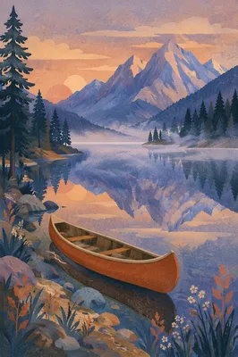 Peaceful Canoe on Alpine Morning Lake