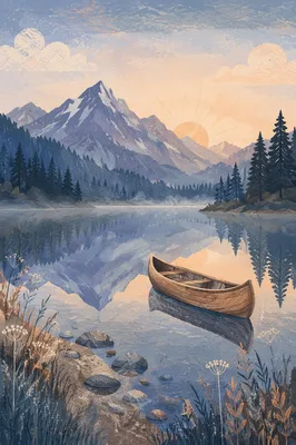 Peaceful Canoe on Misty Alpine Lake